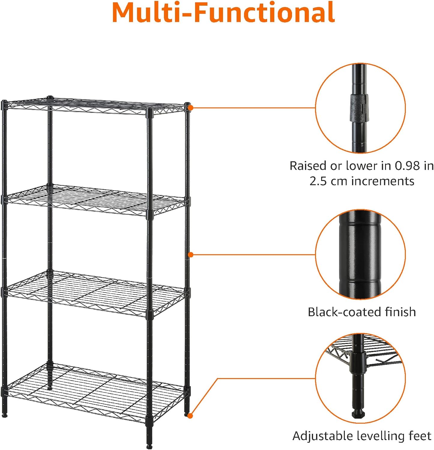 Amazon Basics 4-Shelf Steel Wire Storage Rack, Adjustable, Sturdy, Easy Assembly, 13.4 D x 23.2 W x 48 H in, Black