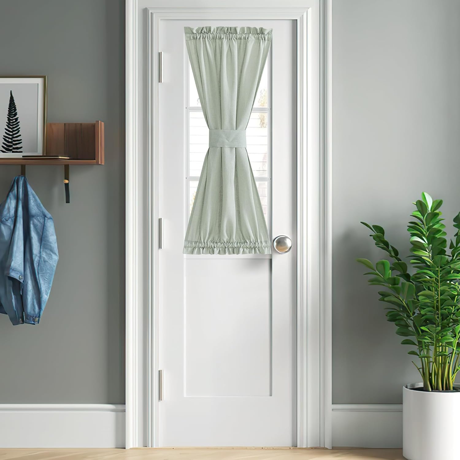 NICETOWN Sage Green Door Curtains for Window, Farmhouse Linen French Door Curtains Privacy Assured Curtain Panels Rod Pocket Window Covering for Glass with Tie-Back, 26" W by 40" L, 1 Panel