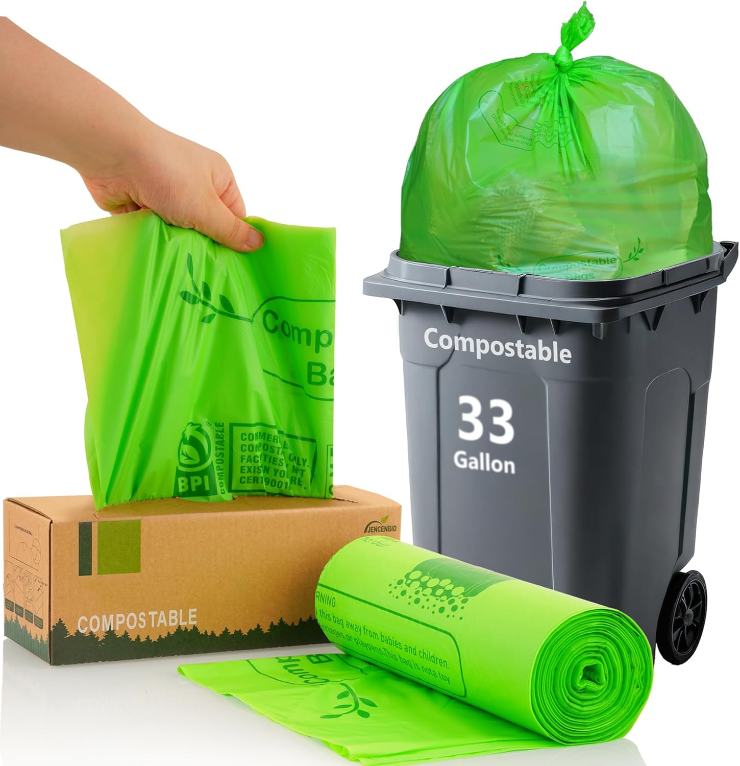 Compost Bags 33 Gallon 125 Liter Extra Thick 1.2 Mils Compostable Food Scrap Waste Bags with US BPI ASTM D6400 and Europe OK Compost Home Certified 20 Counts