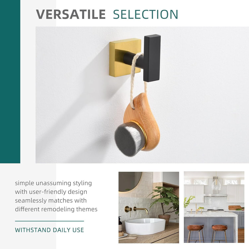 Angle Simple Towel Hook Black & Gold, Stainless Steel Bathroom Towel Holder, Robe Hook, Kitchen Towel Hanger, Wall Mount