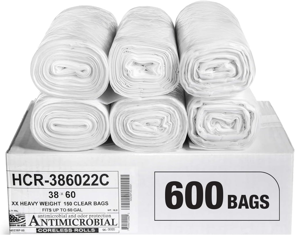 Aluf Plastics High Density Trash Bags, 60 Gallon, 600 Count, 22 Micron (eq), 38" x 60", Clear, for Bathroom, Office, Industrial, Commercial, Janitorial, Municipal, Recycling