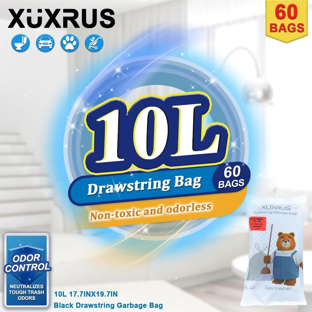 XUXRUS 2.6-3 Gallon Black Bathroom Drawstring Trash Bags - 60 Count Folded Small Garbage Bags, Tear-Resistant & Leak-Proof, Odor Control Liners for Bathroom, Kitchen, Office – Heavy Duty Trash Bags