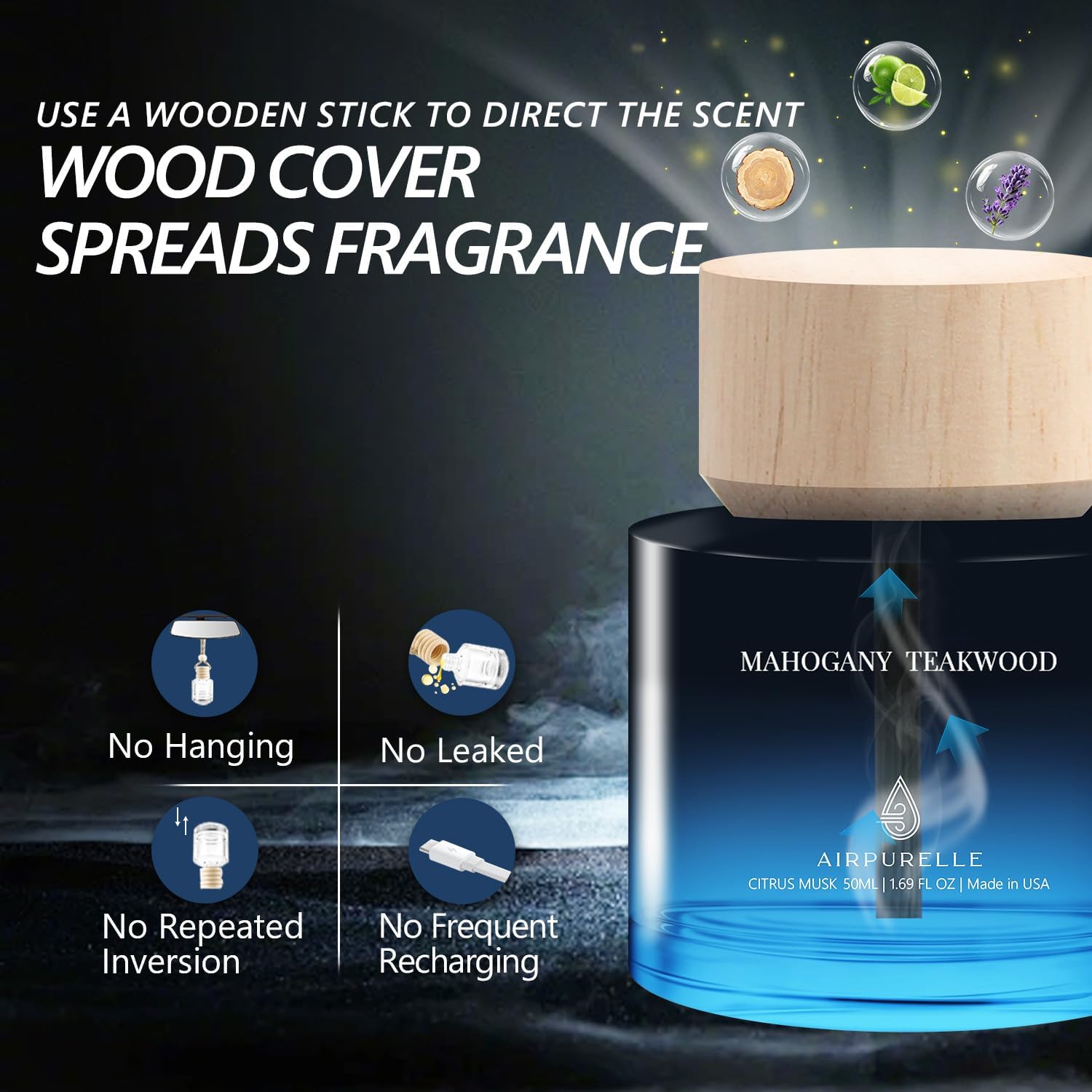 Car Air Freshener for Men & Women – Long-Lasting Mahogany Teakwood Essential Oil Diffuser for Car Cup Holder – 50ML (1.7 FL OZ) Car Scent Diffuser, Inspired by Perfume – Made in USA