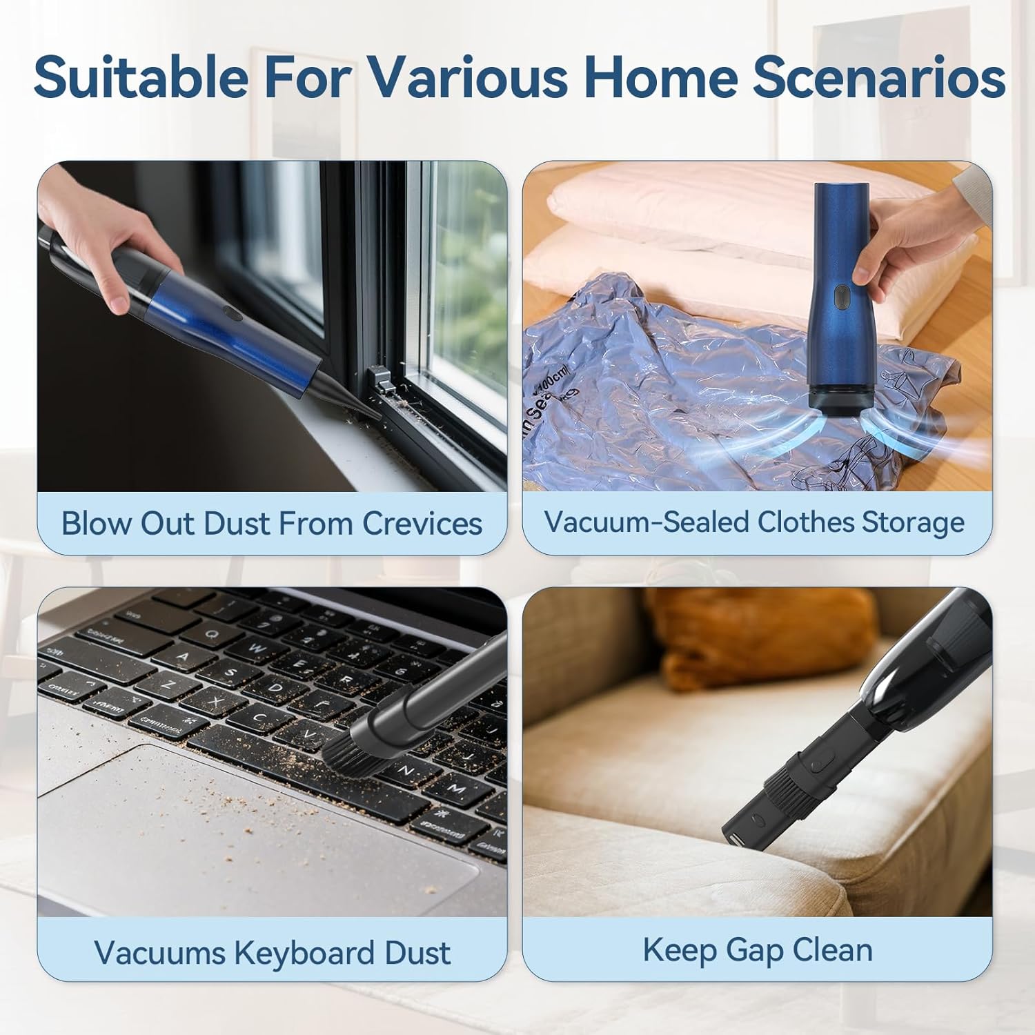 H2 Handheld Vacuum Car Vacuum, Mini Cordless Vacuum Cleaner with High-Speed Brush Motor Visual Dust Storage Silo Type-C Charge for Car Interiors, Sofas, Tabletops, Keyboards-Blue Gray