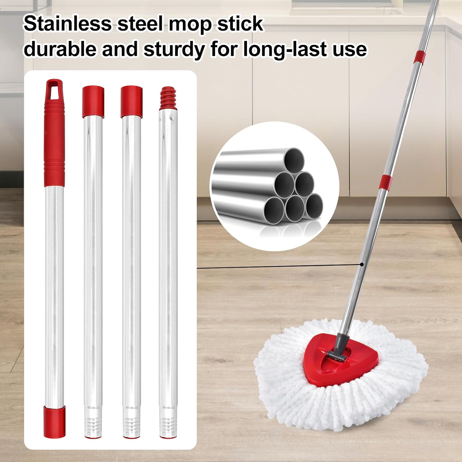 Mop Handle for Ocedar,Spin Mop Replacement Handle Compatible with O Cedar, American Threaded Joint Mop Handle 4-Section 30-to-58 inch Mop Replacement Stick