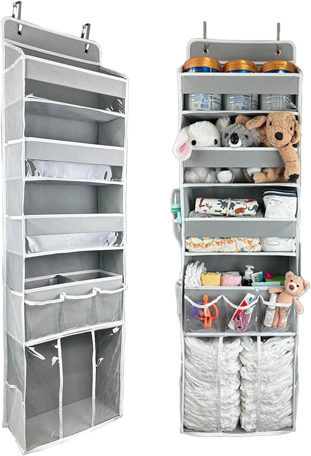 Door Hanging Storage Organizer,with 3 Bins 1 Movable Baby Diaper Caddy,1 Large capacity diaper stacking storage Organizer,10 Side Pockets ,Bedroom Door Storage for Nursery Baby Essentials.Grey 1 Pack.