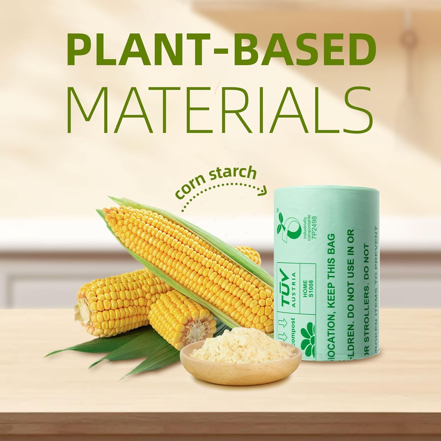 Compostable Trash Bags, Small Compost Bags 3 Gallon, Extra Thick 0.8 Mils, 16.9" x 17.7", 50 Count, Compostable Food Scrap Bags for Kitchen Waste, Green Bin Liners for Garbage Disposal