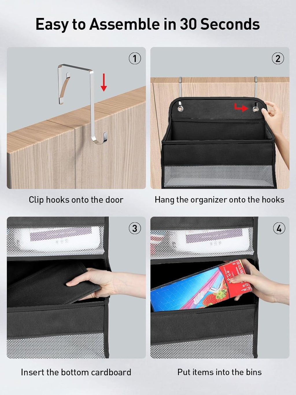 Yecaye 1 Pc Over the Door Organizer with 5 Bins 10 Side Pockets, 44lbs Load Hanging Bathroom and Bedroom Organizer, behind the Door Hanging Organizers for Nursery Newborn Baby Essential Stuff Black