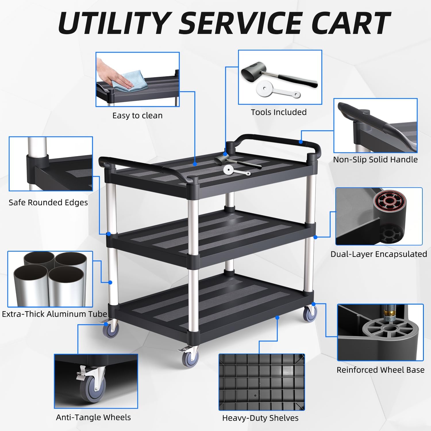 Plastic Utility Cart with Anti-Tangle Wheels, Solid Armrests, 450 Lbs Heavy Duty Capacity, 3-Tier Rolling Serving Cart for Home, Office, Restaurant, Warehouse.40 × 19.7" × 38"