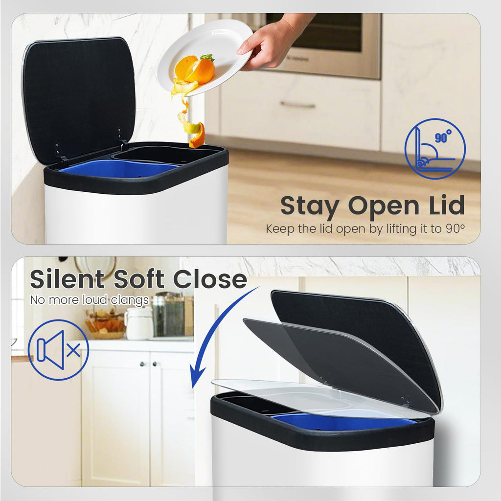 16 Gallon Dual Trash Can, Kitchen Recycling Bins with 2 x 8 Gallon Compartments, 2 Plastic Removable Liners, Soft-Close Lid, Stainless Steel Step Trash Can, White