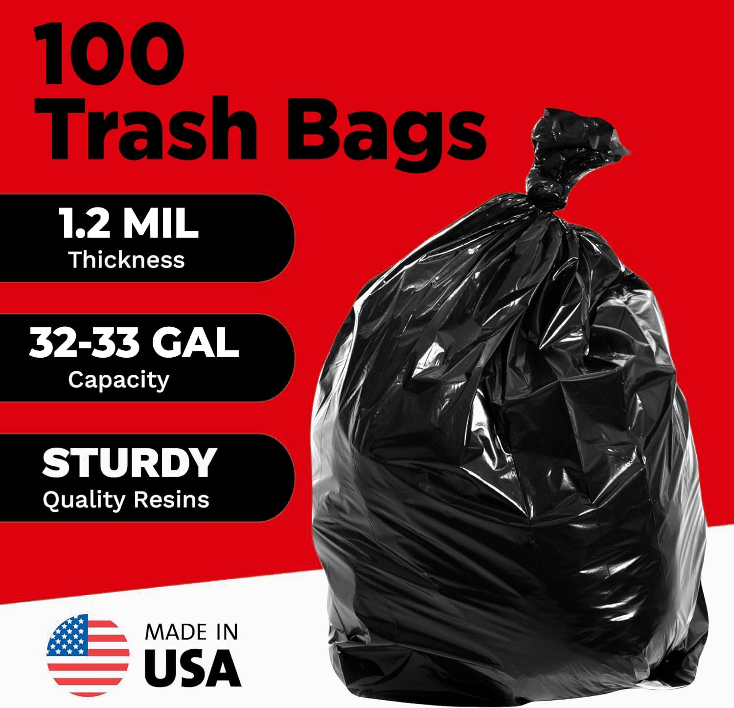 ToughBag 30-33 Gallon Heavy Duty Trash Bags (100 Count) – 33x39" Large Can Liners – Made in USA