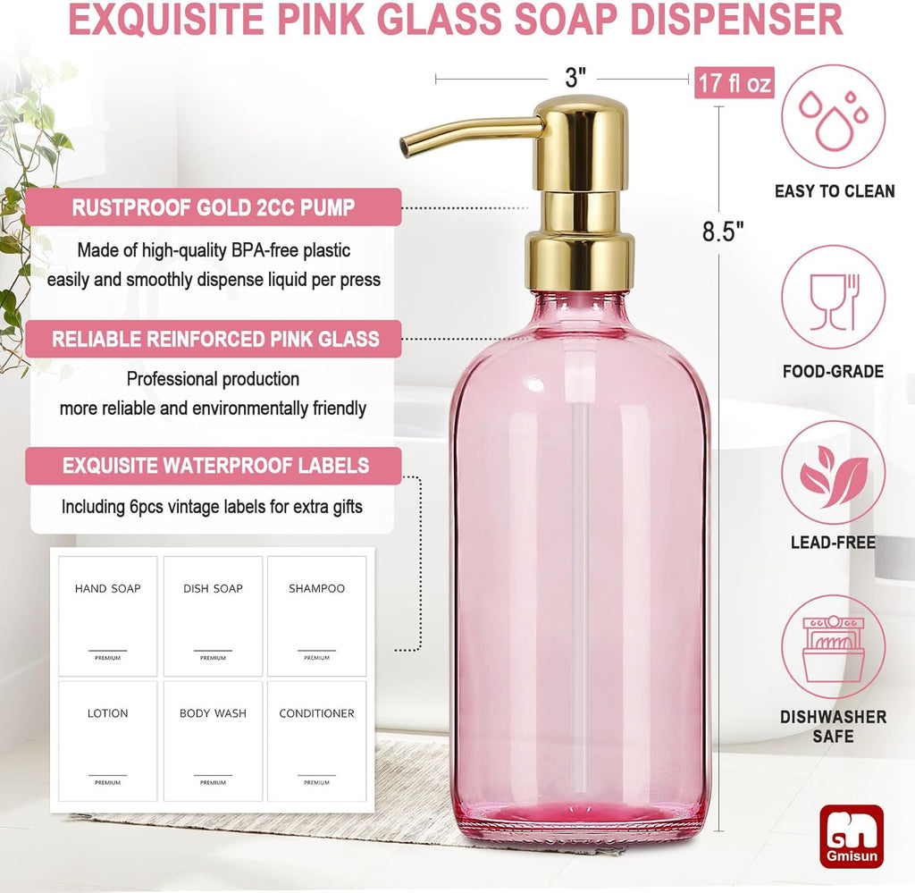 GMISUN Pink Soap Dispenser Bathroom, 2 Pack Kitchen Hand and Dish Soap Dispensers Set, 17 Fl Oz Pink Glass Soap Dispenser with Gold Pump, Refillable Modern Farmhouse Liquid Soap Pump Bottles