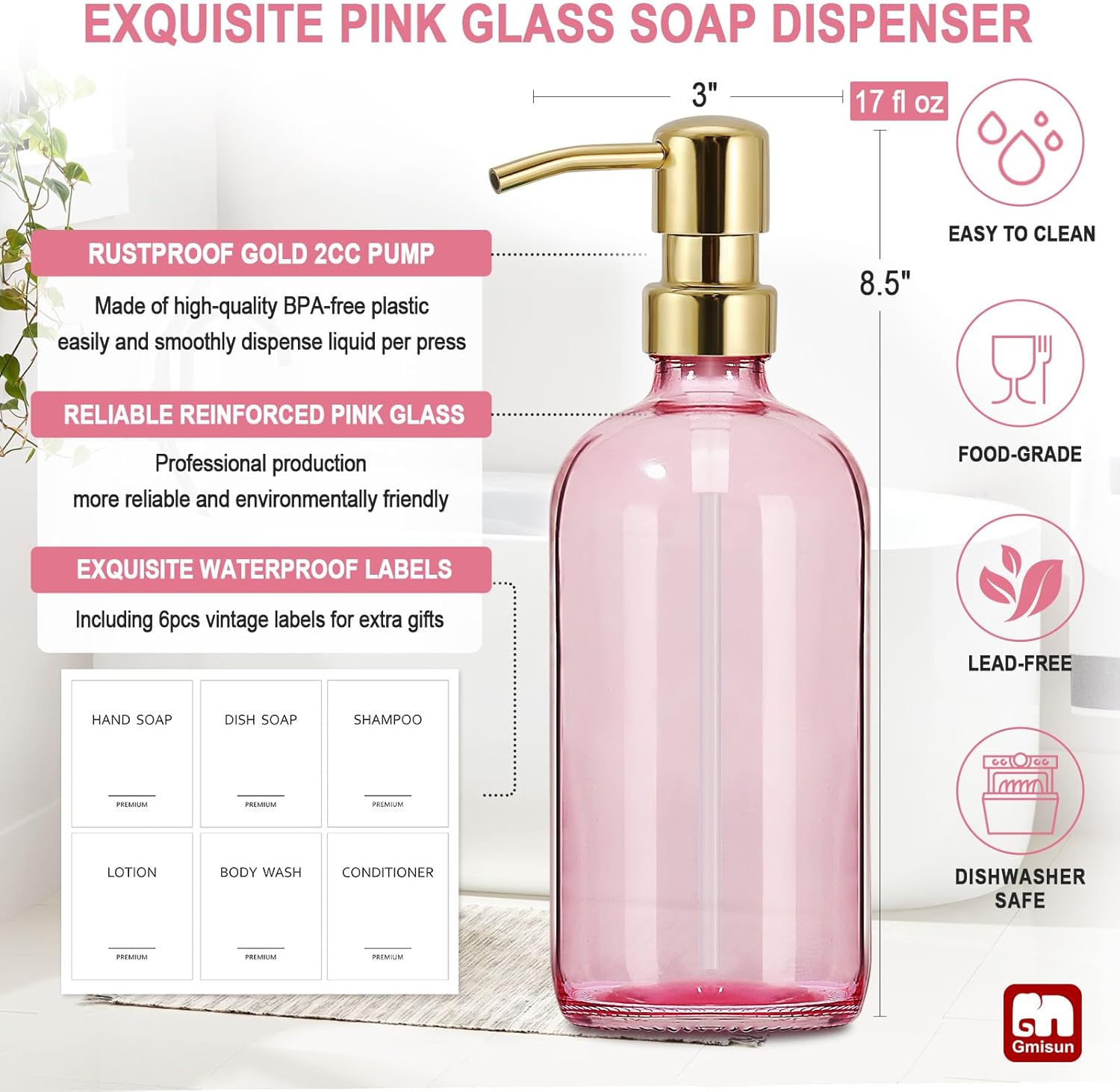GMISUN Pink Soap Dispenser Bathroom, 2 Pack Kitchen Hand and Dish Soap Dispensers Set, 17 Fl Oz Pink Glass Soap Dispenser with Gold Pump, Refillable Modern Farmhouse Liquid Soap Pump Bottles