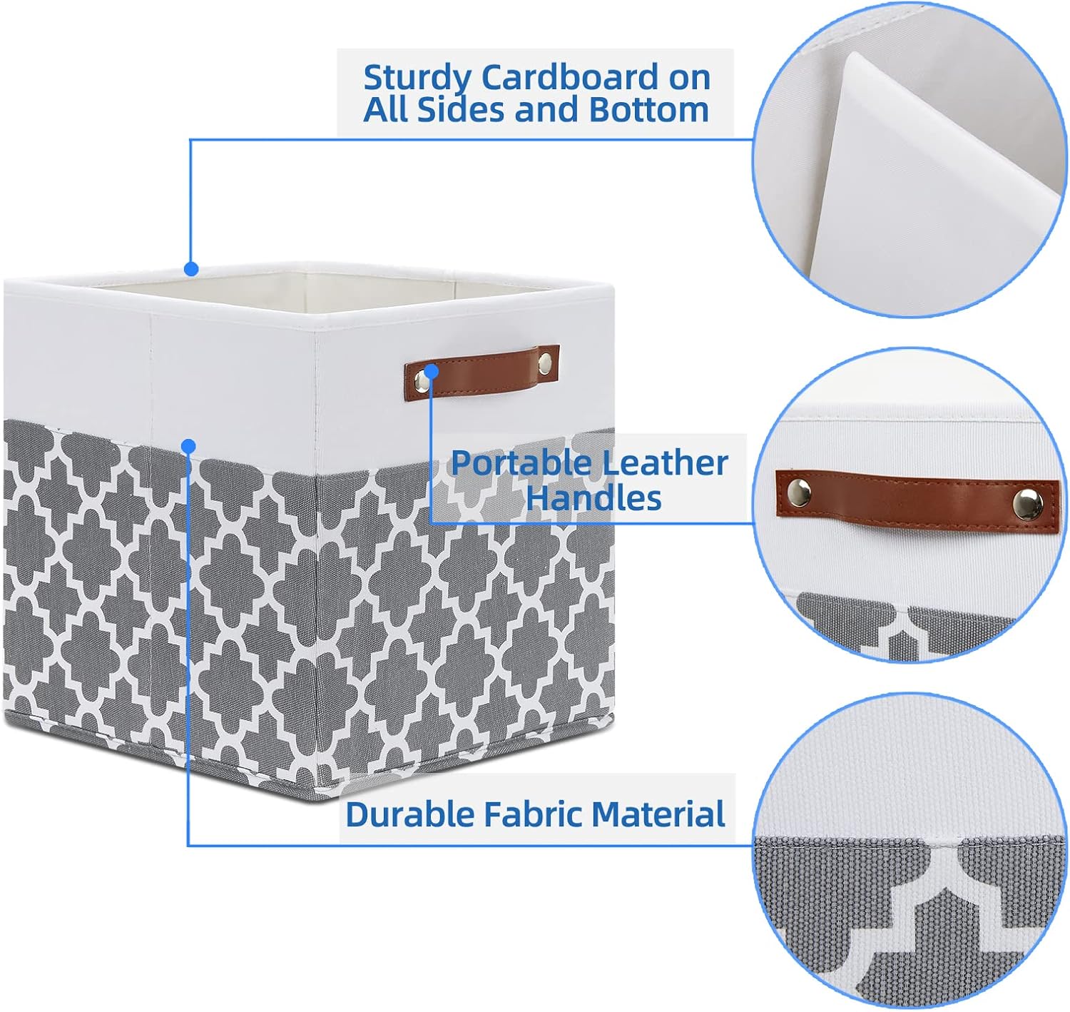 Temary 12x12x12 Fabric Storage Bins 4 Pack with Leather Handle, Foldable Cubes Storage Box Baskets for Closet, Shelf (White&Lattice)