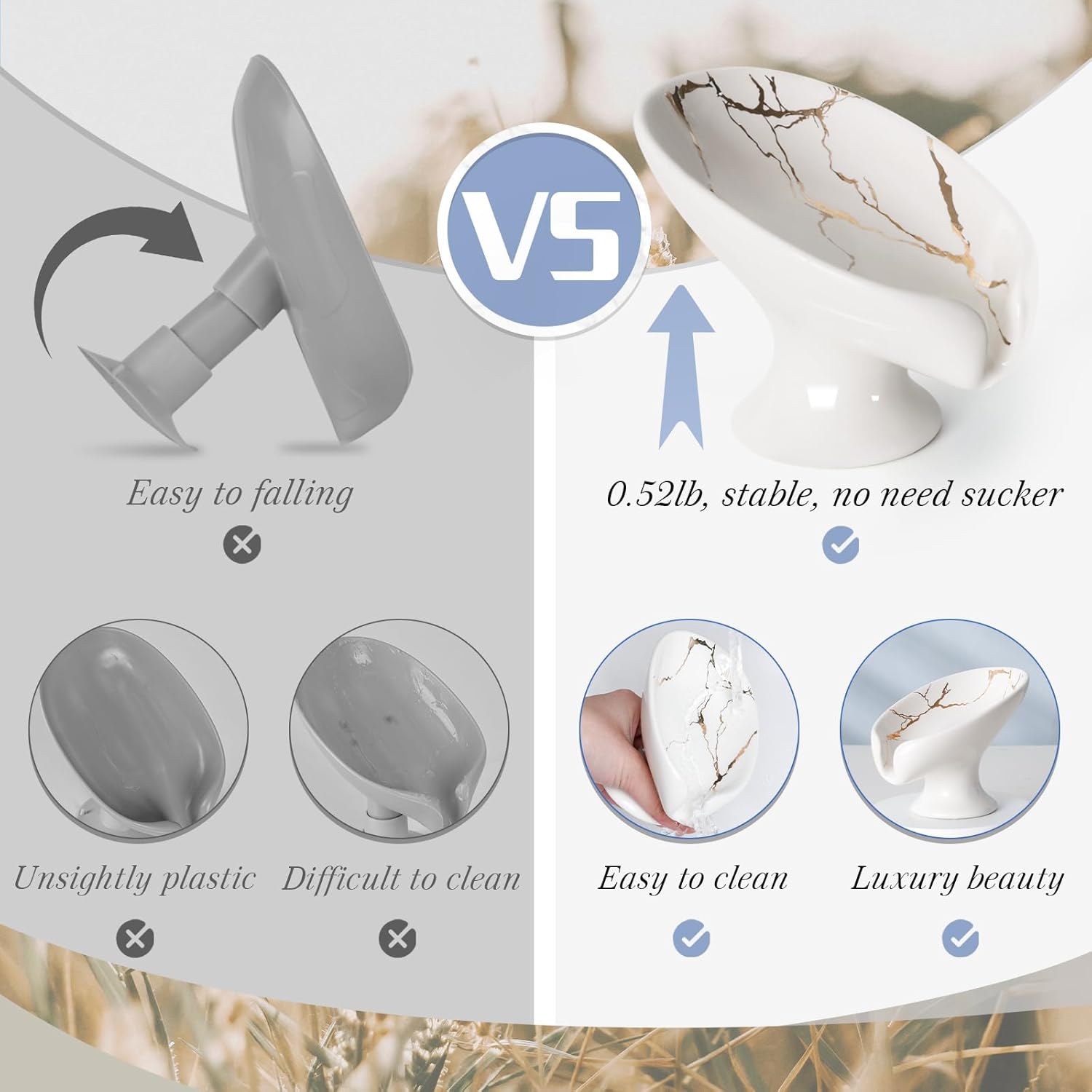 Soap Dish, Soap Holder Self Draining Leaf Shape Soap Dishes, Ceramic Drain Soap Dish for Sink Bathroom Shower Kitchen, Easy to Clean Keeps Soap Dry, Cream White & Gold Marble Pattern, ANTIS'S HOME