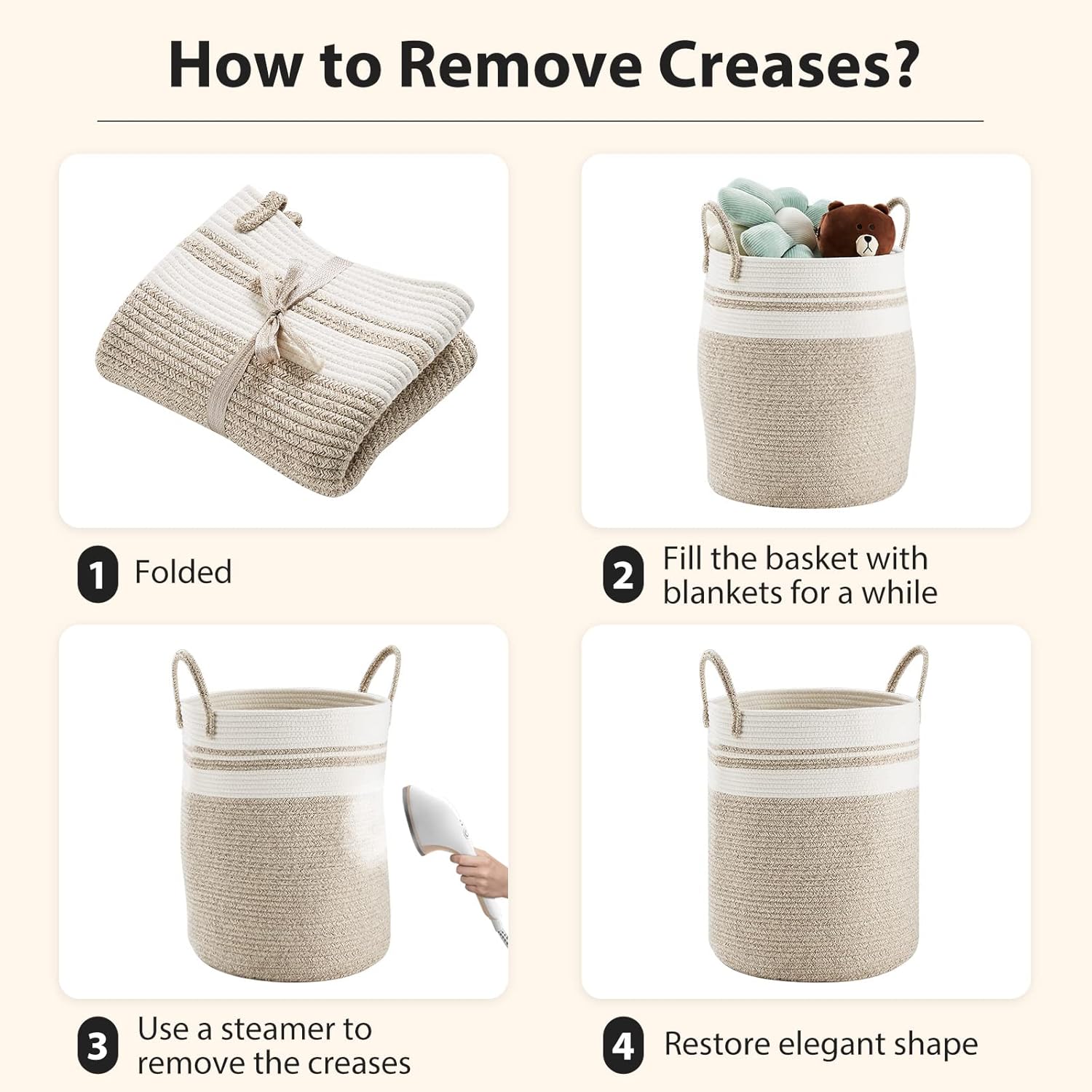 Large Laundry Hamper, Tall Woven Storage Basket for Blankets, Cotton Baby Nursery Hamper, Toys and Dirty Clothes in Bedroom and Living Room Organizing - 58L Brown & White