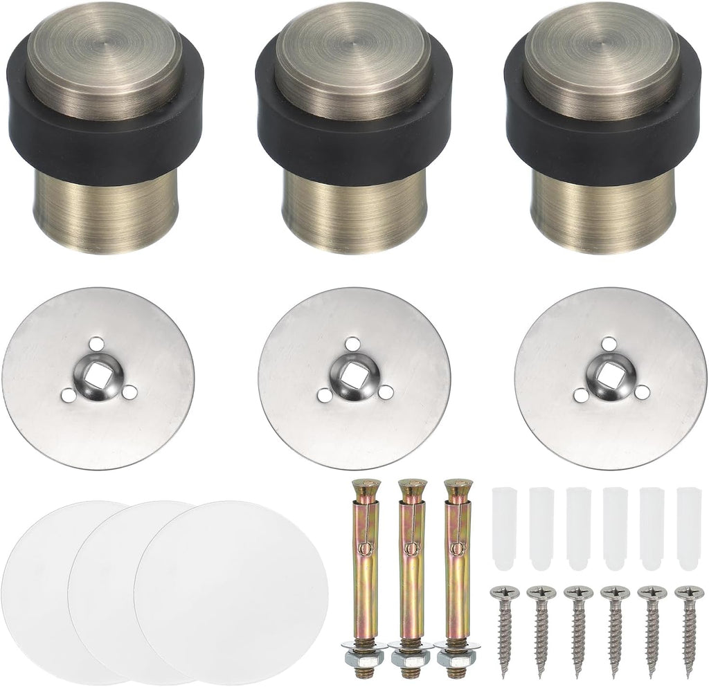 PATIKIL 3Set Round Door Stoppers, 46mm Stainless Steel Door Stop Doorstop Wedge Metal Cylinder Self Adhesive with Screw for Bottom of Door Floor Inside, Bronze
