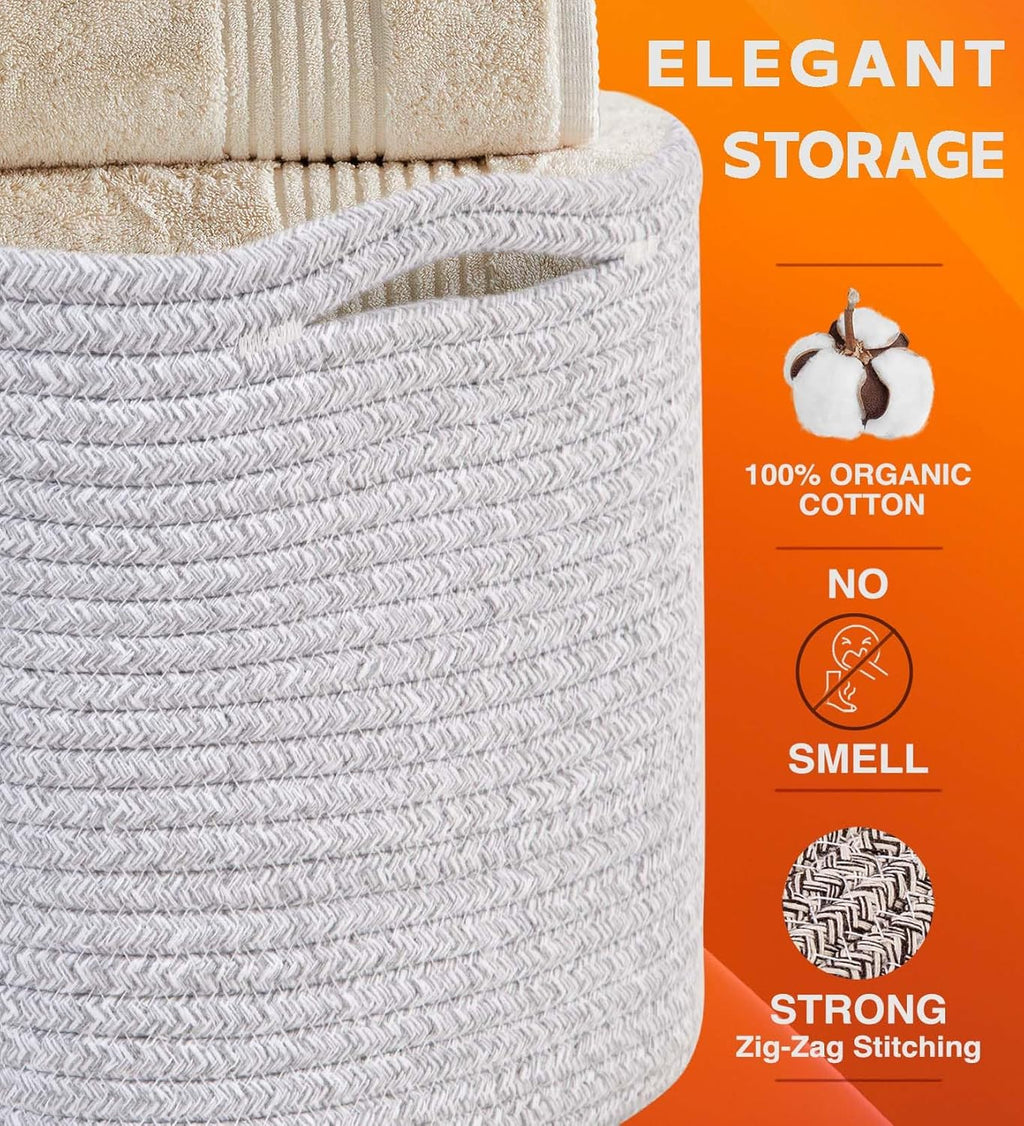 CHAT BLANC Cotton Rope Baskets for Organizing | Storage Baskets for Shelves | Rope Basket for Storage, Small Laundry Baskets, Woven Baskets for Storage, Dog Toy Bin, Baby Basket, Gray 3 Pack