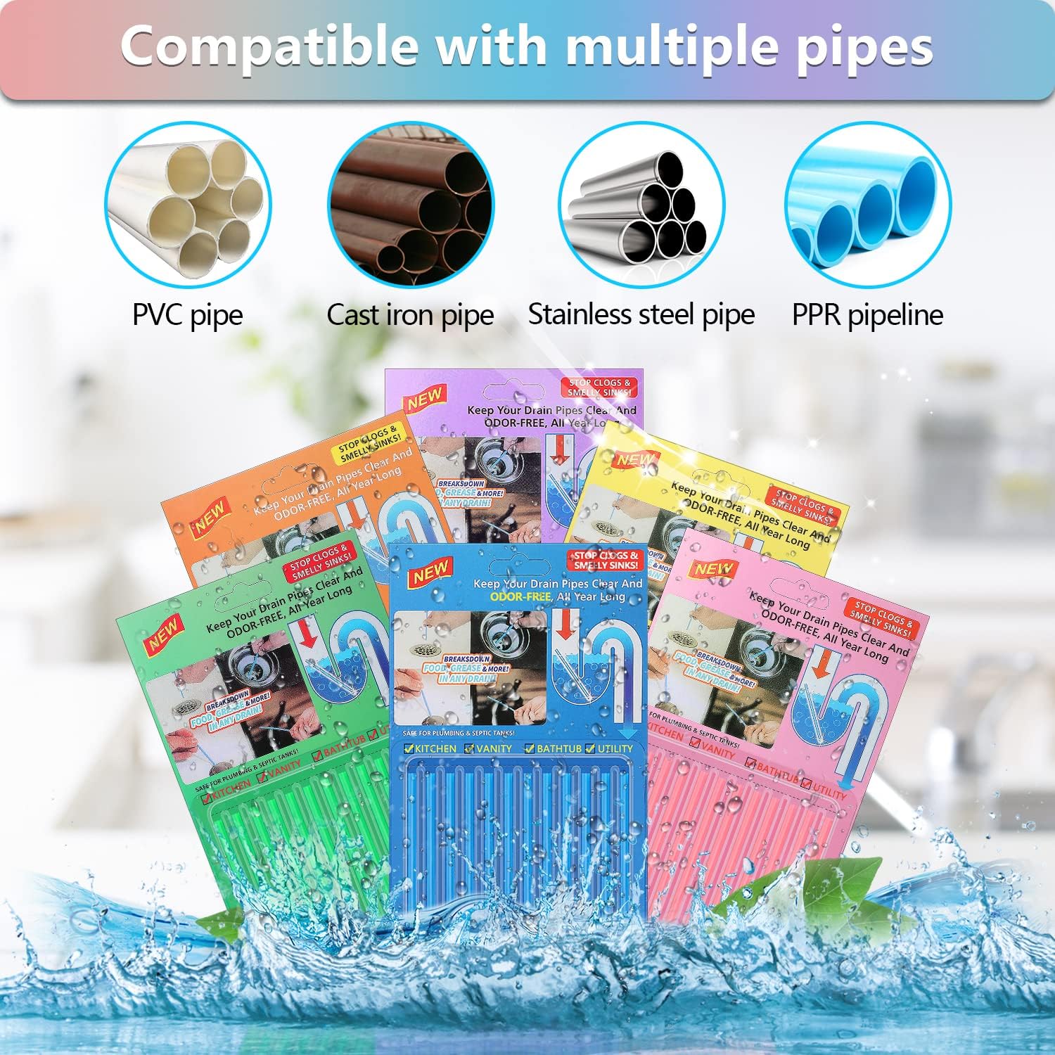 72pcs Drain Cleaner Deodorizer Sticks - Keep Drain Pipes Clear, Prevent Clogs for Kitchen, Bathroom, Toilet (6 Color)