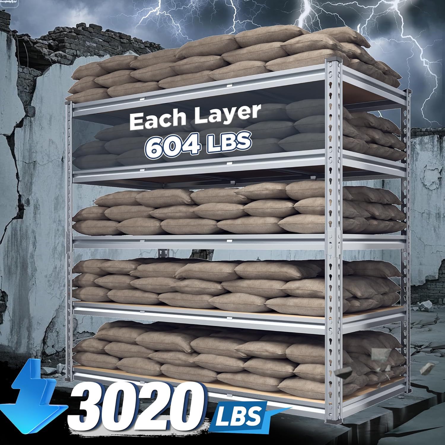 REIBII Garage Shelving, 5 Tier Storage Shelves Load 3020LBS, Adjustable Garage Shelving Heavy Duty, Metal Shelves Unit for Basement, Warehouse, 48" W x 72" H x 24" D, Galvanized