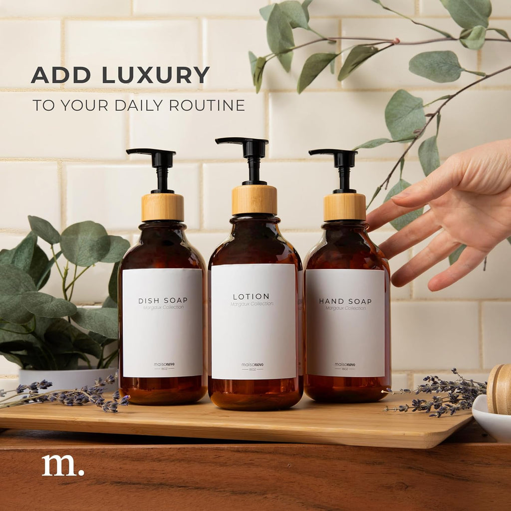 MaisoNovo Refillable Shampoo and Conditioner Bottles | 16.9 fl oz Set of 3 Amber Plastic Bottles Black Bamboo Pumps