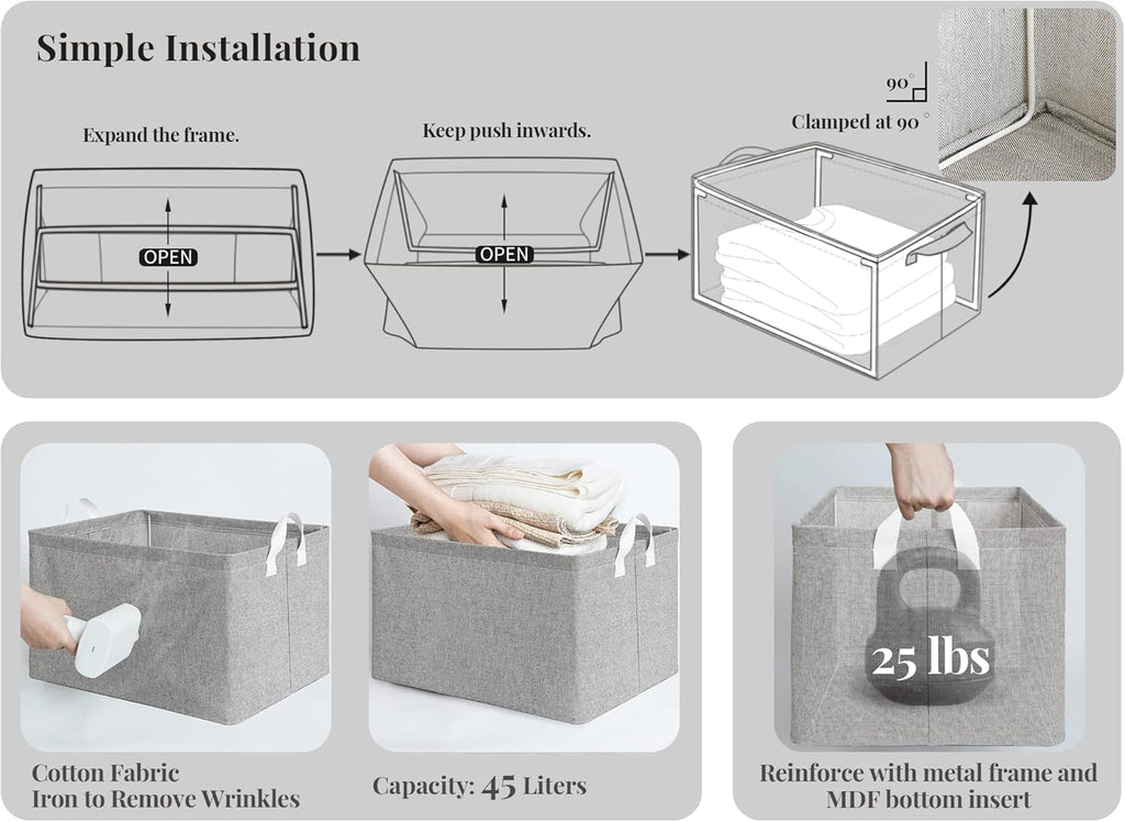 StorageWorks 45L Large Storage Bins for Closet and Shelves, Fabric Organizer Baskets with Handles for Clothes, Towels, Collapsible Storage Basket, Gray, 2-Pack