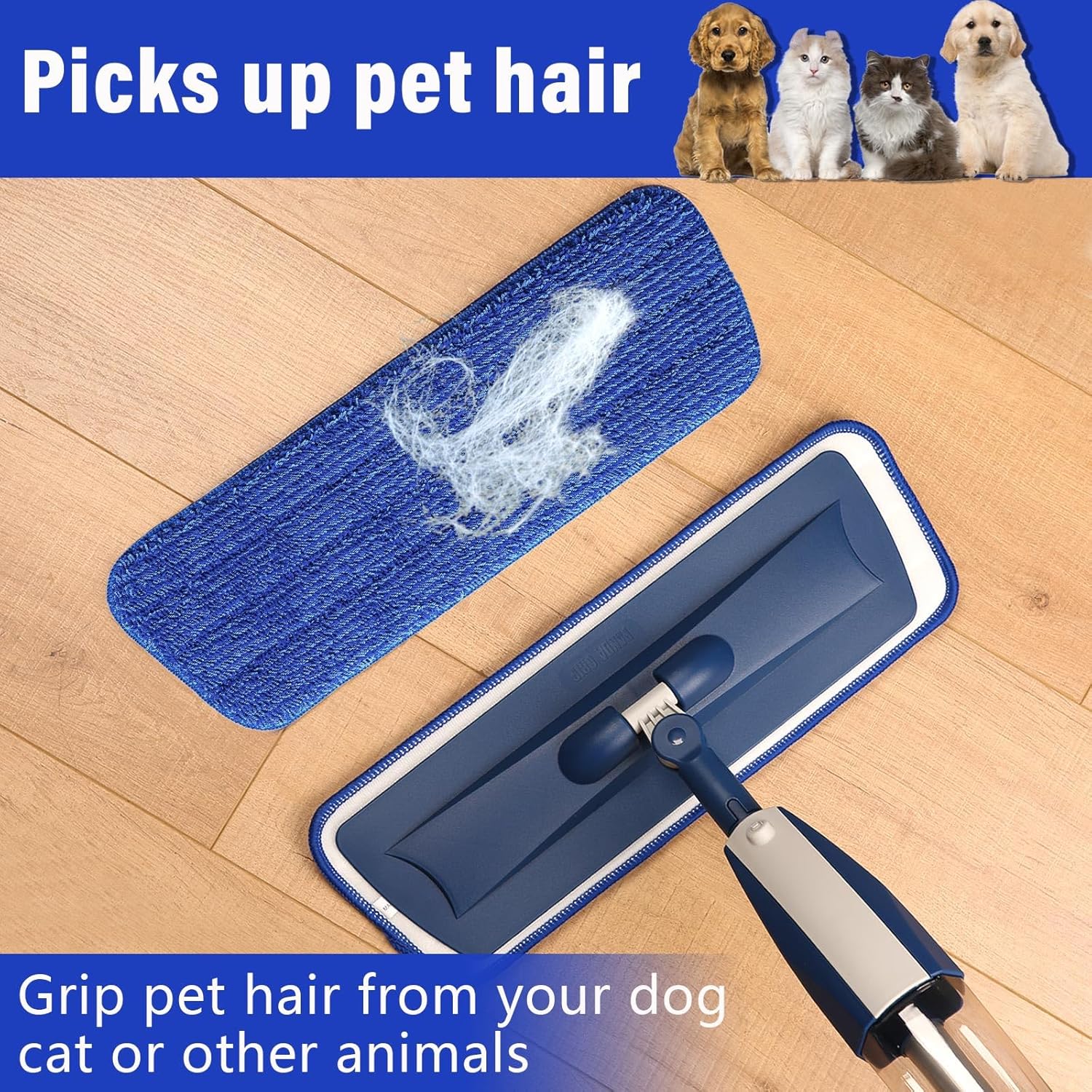 16.5 inch Mop Pads Refills, 3 Pack Microfiber Reusable Replacement Flat Replacements Heads for Wet Dry Floor Cleaning, Blue Cloth