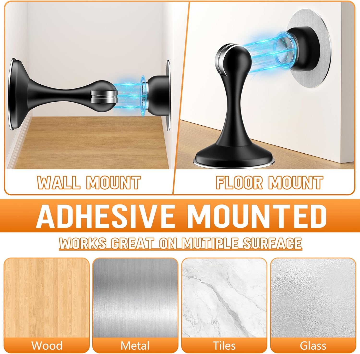 Crosize Magnetic Door Stoppers 2 Pack, Stainless Steel Door Catch for Wall and Floor Mounting, Door Holder Keep Door Open, No Drilling Door Stop with Adhesive Tapes, Black