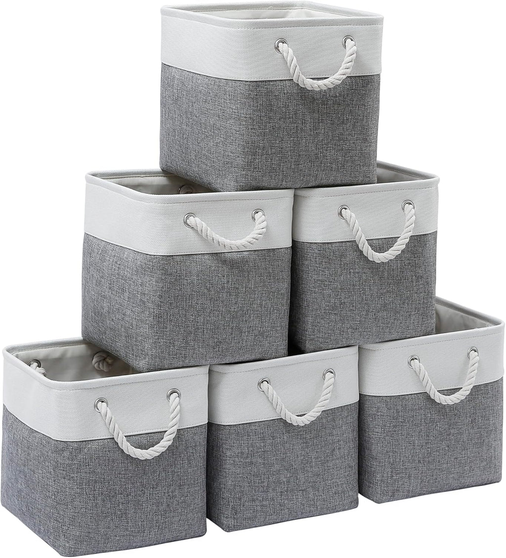 11 x 11 Inch Storage Cubes, 6 Pack Large Collapsible Fabric Storage Bin with Ropes, Foldable Storage Cubes for Home, Office,Closet, Clothes, Toys Organizer (White&Gray)