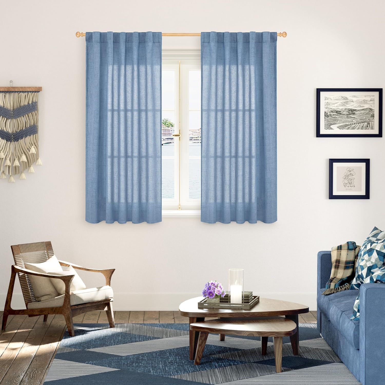 YoungsTex Denim Blue Linen Curtains 48 Inch Length for Short Kitchen Window, Semi Sheer Drapes Light Filtering with Rod Pocket Back Tab for Bathroom Living Room, 2 Panels, 42 X 48 Inch