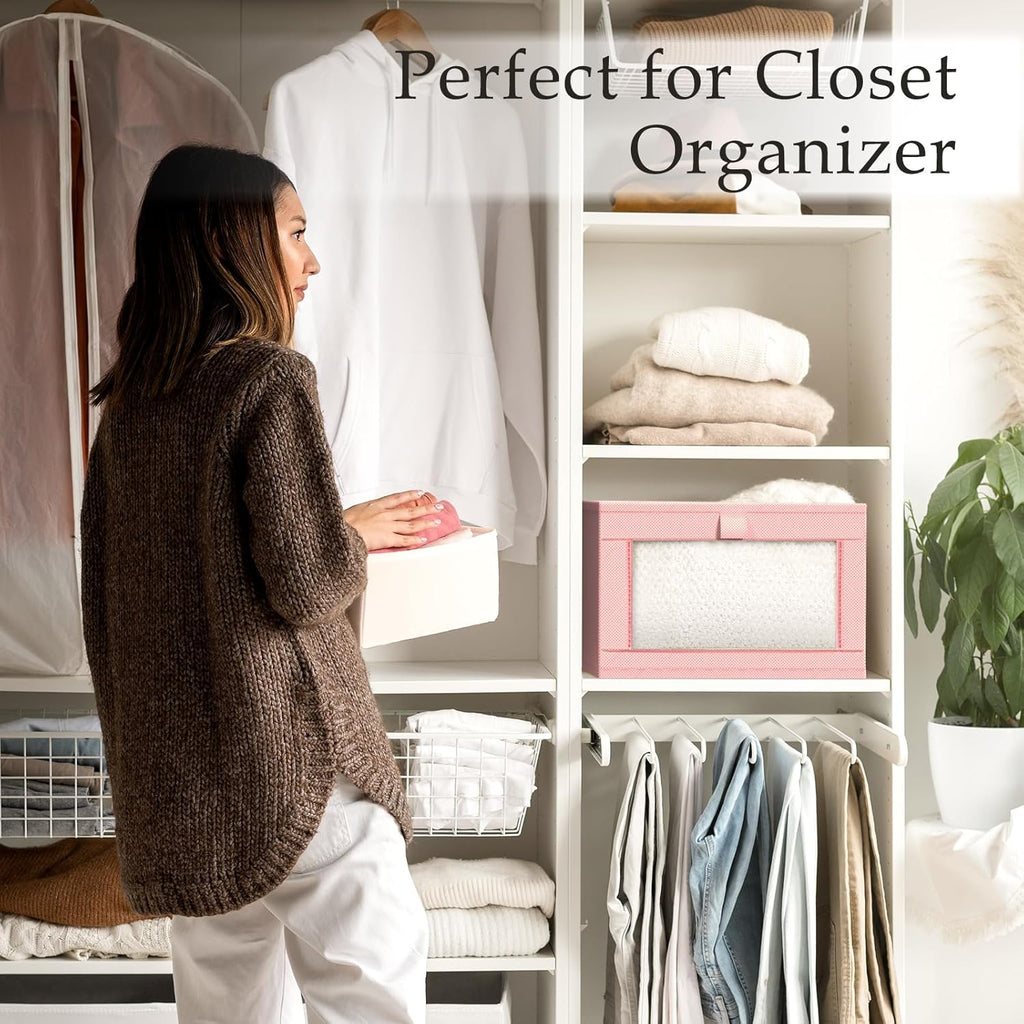 Criusia 6 Pack Linen Closet Organizers and Storage, Large Linen Closet Baskets for Organization, Foldable Storage Containers for Clothing, Towels, Jeans, Books, Shelves, Pink