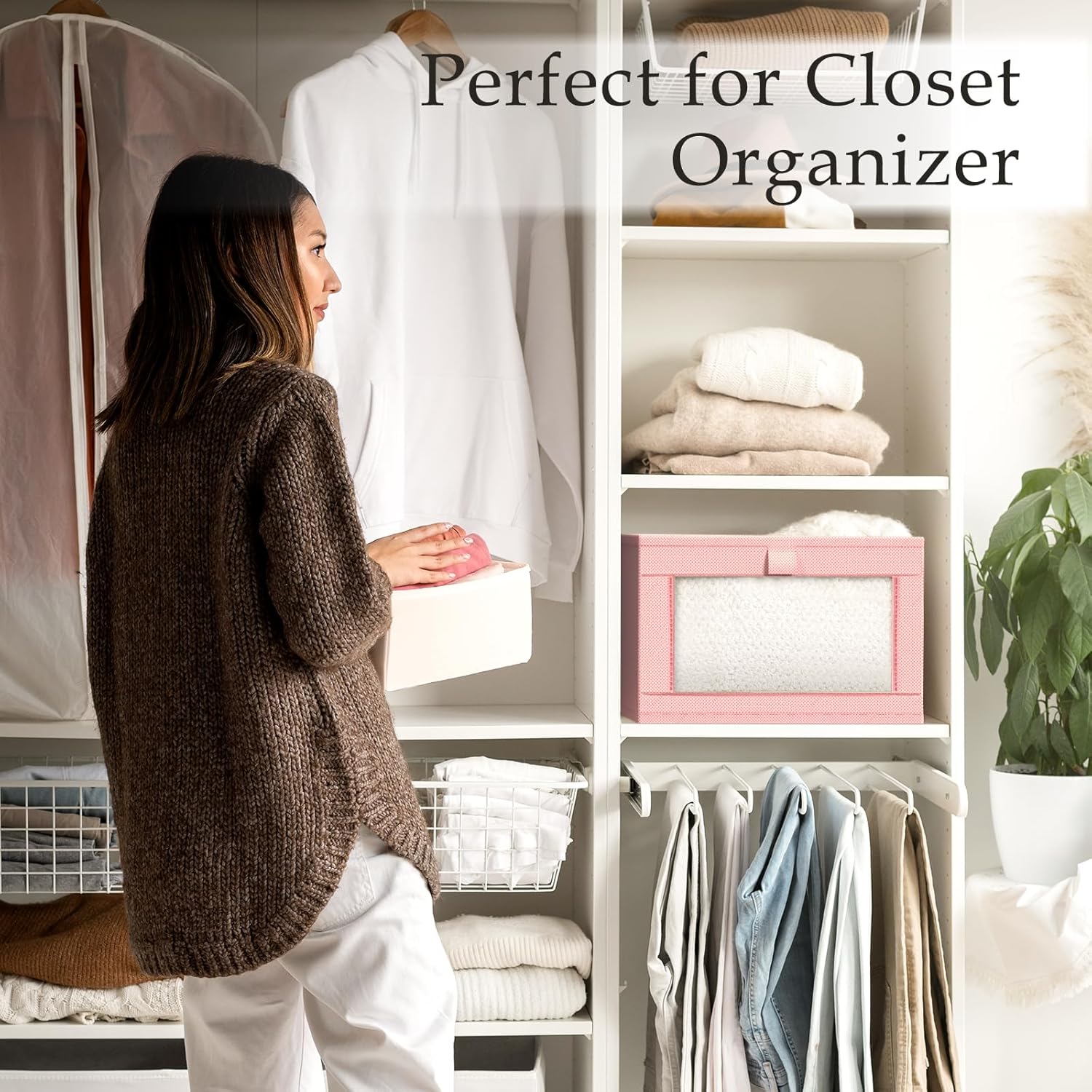 Criusia 6 Pack Linen Closet Organizers and Storage, Large Linen Closet Baskets for Organization, Foldable Storage Containers for Clothing, Towels, Jeans, Books, Shelves, Pink