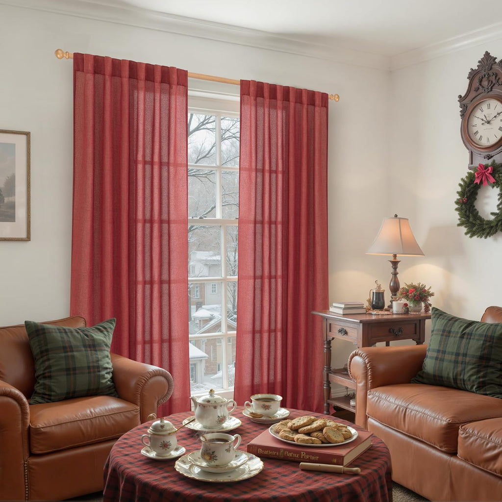 YoungsTex Red Linen Semi Sheer Curtains 84 Inch Length for Living Room 2 Panels Set, Christmas Light Filtering Window Treatments Drapes with Rod Pocket Back Tab for Bedroom Dining, 52 X 84 Inch