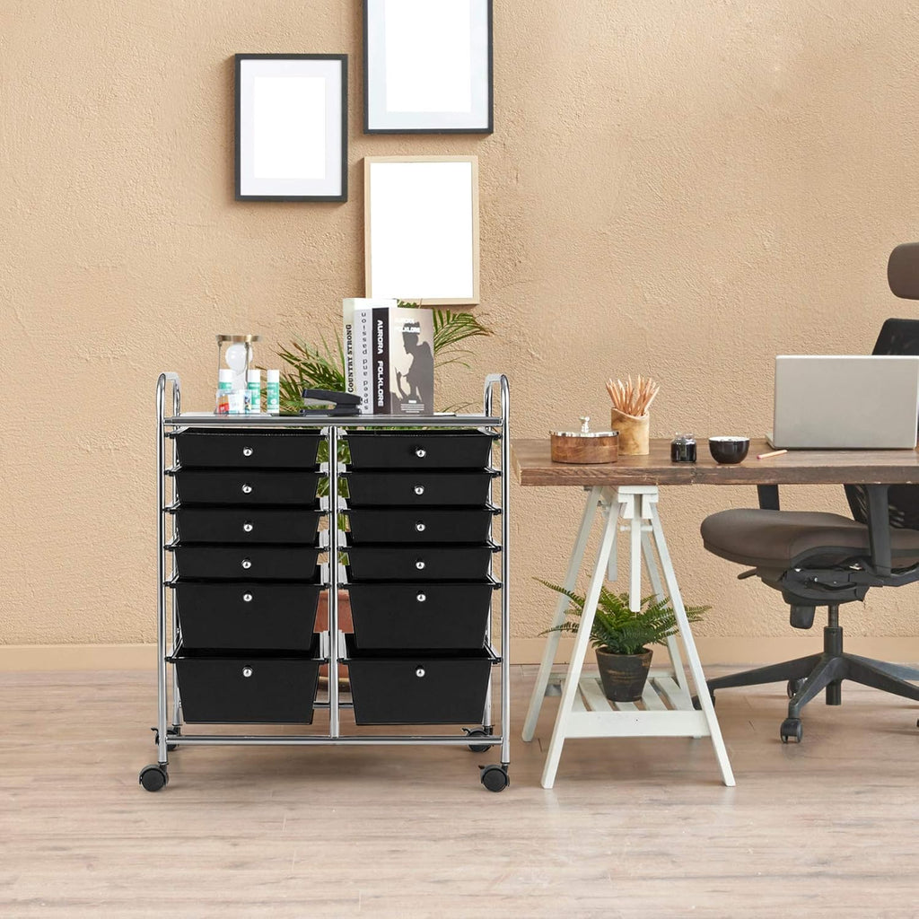 GOFLAME 12-Drawer Rolling Storage Cart, Multipurpose Organizer Cart with 2 Sizes Plastic Drawers, Mobile Utility Cart with Lockable Casters for School, Home Office, Beauty Salon, Black