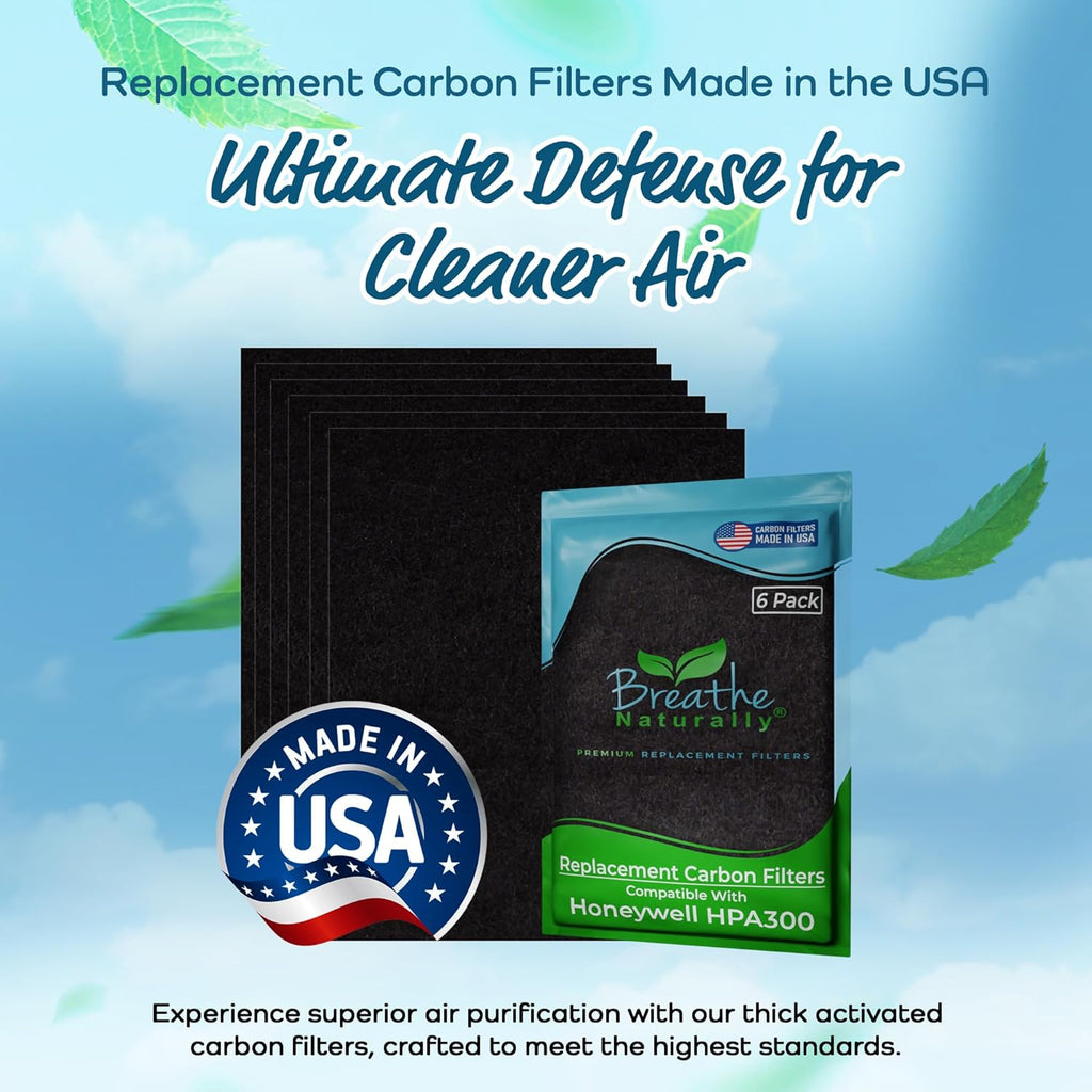 Breathe Naturally "R" Replacement Filters Compatible with Honeywell Air Purifier HPA300 or HRF-R3 Series - Activated Carbon Prefilter - Made in USA - 14"x17.2"x0.2" (Pack of 6 Carbon Prefilters)