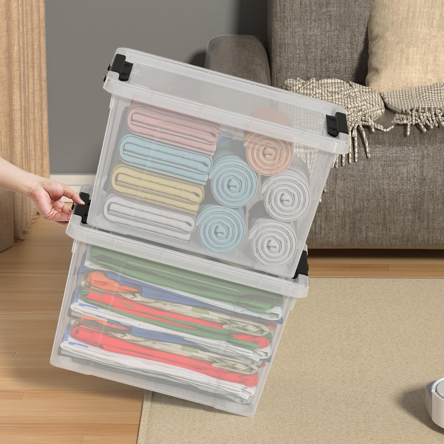 4 Pack 22 Quart Latch Box, Clear Home Organization Containers Bin with Lid, Buckle Up Storage Box Set