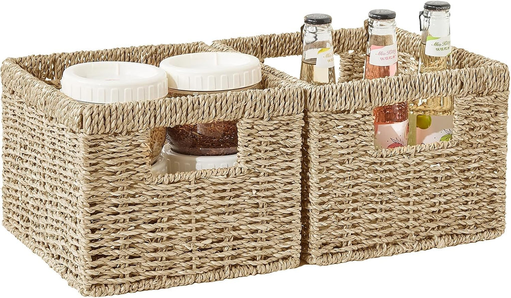 Seagrass Wicker Basket, Decorative Woven Baskets with Built-in Handles, Hand-woven Storage Organizer for Organizing Pantry, Shelves, Laundry, Livingroom, Bedroom, Toilet(2-PACK, Natural)