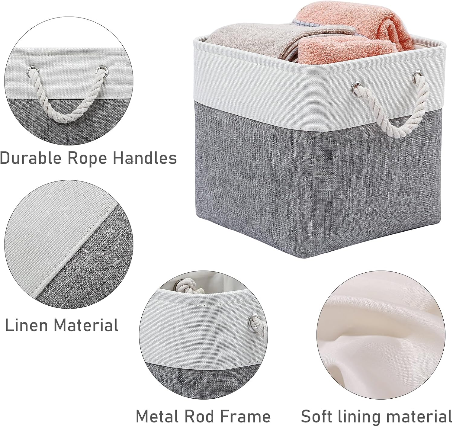 12 x 12 Inch Cube Storage Bins, 6 Pack Large Collapsible Fabric Storage Bin with Ropes, Foldable Storage Cubes for Home, Office,Closet, Clothes, Toys Organizer (White & Grey)