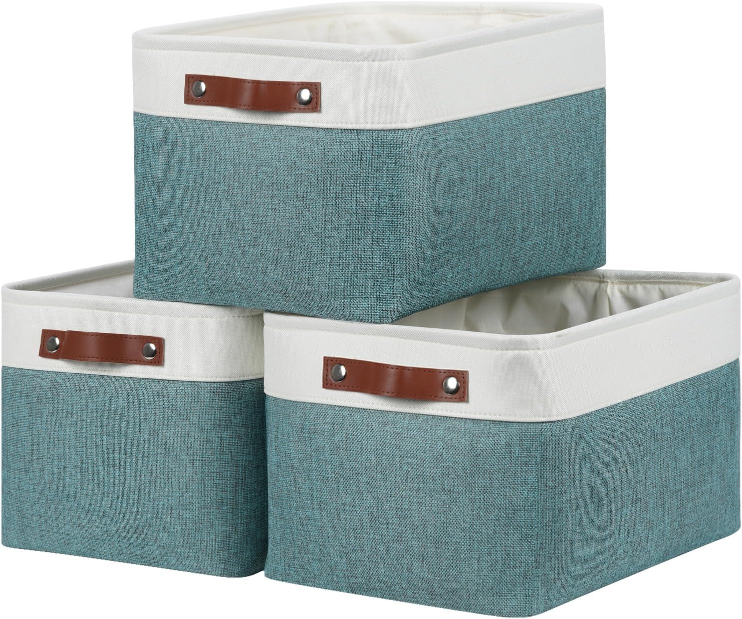 DULLEMELO Storage Baskets for Organizing,Rectangular Fabric Storage Bins with Handles for Office,Bedroom(3-Pack -15 inch X 11 inch X 9.5 inch, White&Dark Green)