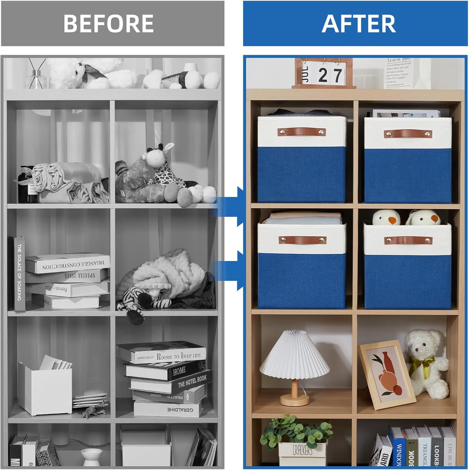 Temary 11 Storage Cube Bins for Shelves, Closet - 4 Pack Fabric Baskets With Leather Handles (White & Blue)