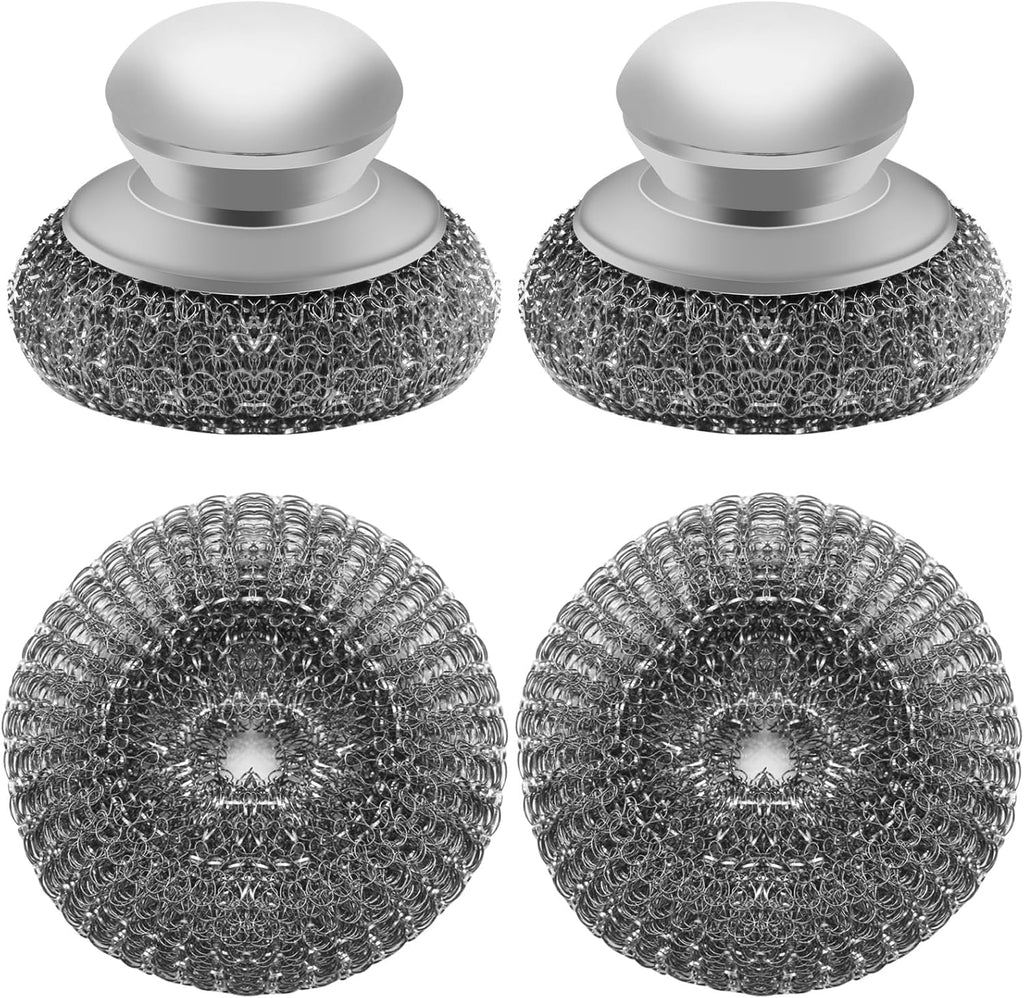 Stainless Steel Wool Scrubber with 2 Replacement Pads - Clean Metal Pans, Pots, Grills & More