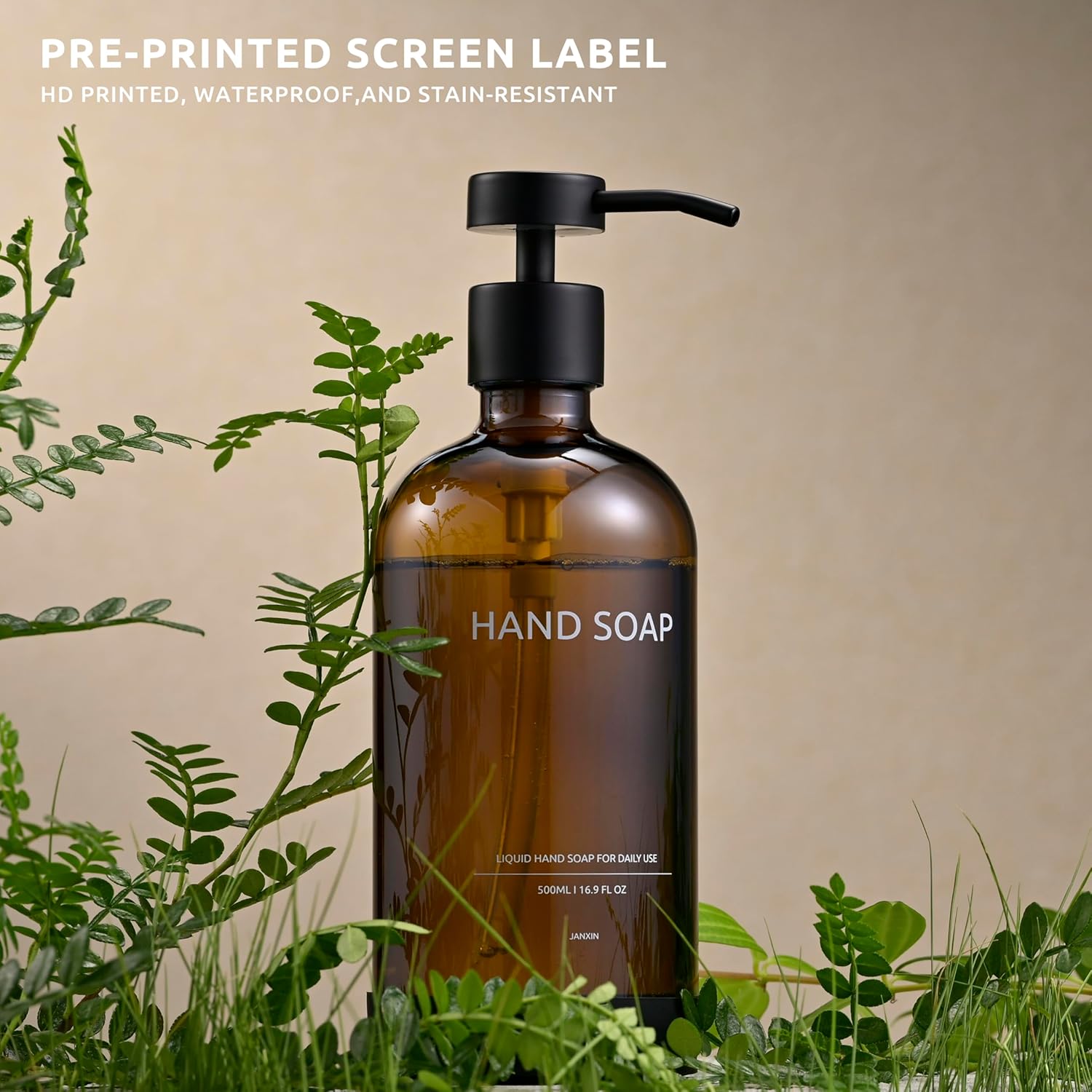 Glass Soap Dispenser Set by Janxin,Bathroom Soap Dispenser Set with Ceramic Tray,Luxury Bathroom Accessories,Modern Kitchen Decor (Amber(Hand Soap))