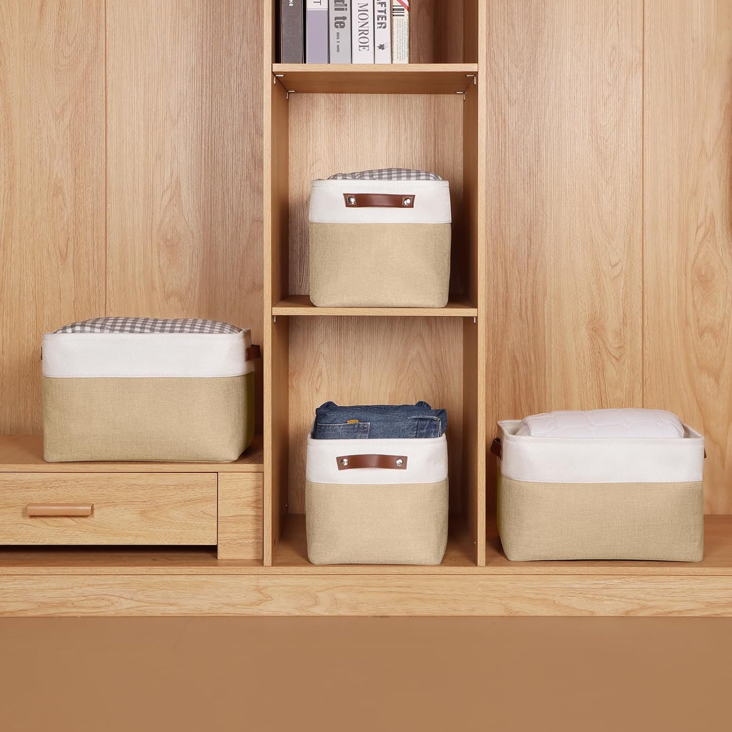 Univivi 15 inch Storage Baskets for Shelves with Handles Hard Bottom Closet Organizer Fabric Bins Large Organizer Basket for Closet Organizing (Khaki- 4 Pack )