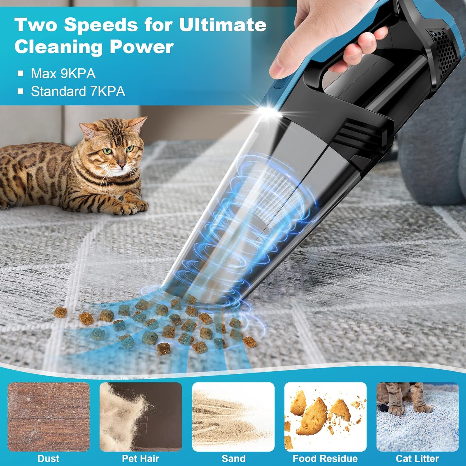 Cordless Car Vacuum Lightweight High Power Handheld Vacuum Cleaner with LED Light, Hand Vacuum for Car Home Office and Pet Hair, BlackBlue