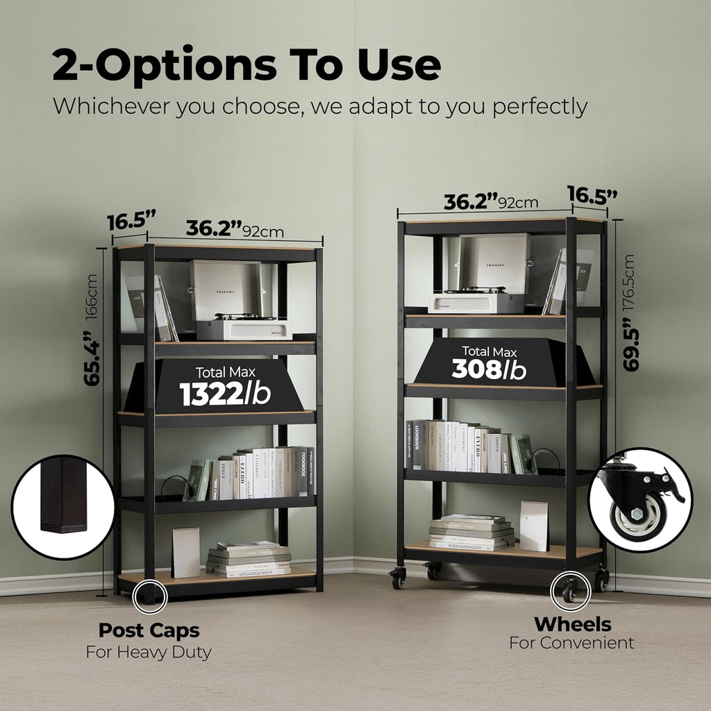 HOMEDANT House 5-Tier Metal Rolling Cart Shelf Rack Casters Heavy Duty Laminated Wheel Shelving Unit Adjustable Utility Storage Shelves Organizer Shelf Kitchen Garage 36.2" W x 16.5" D x 69.5" H 4Pack