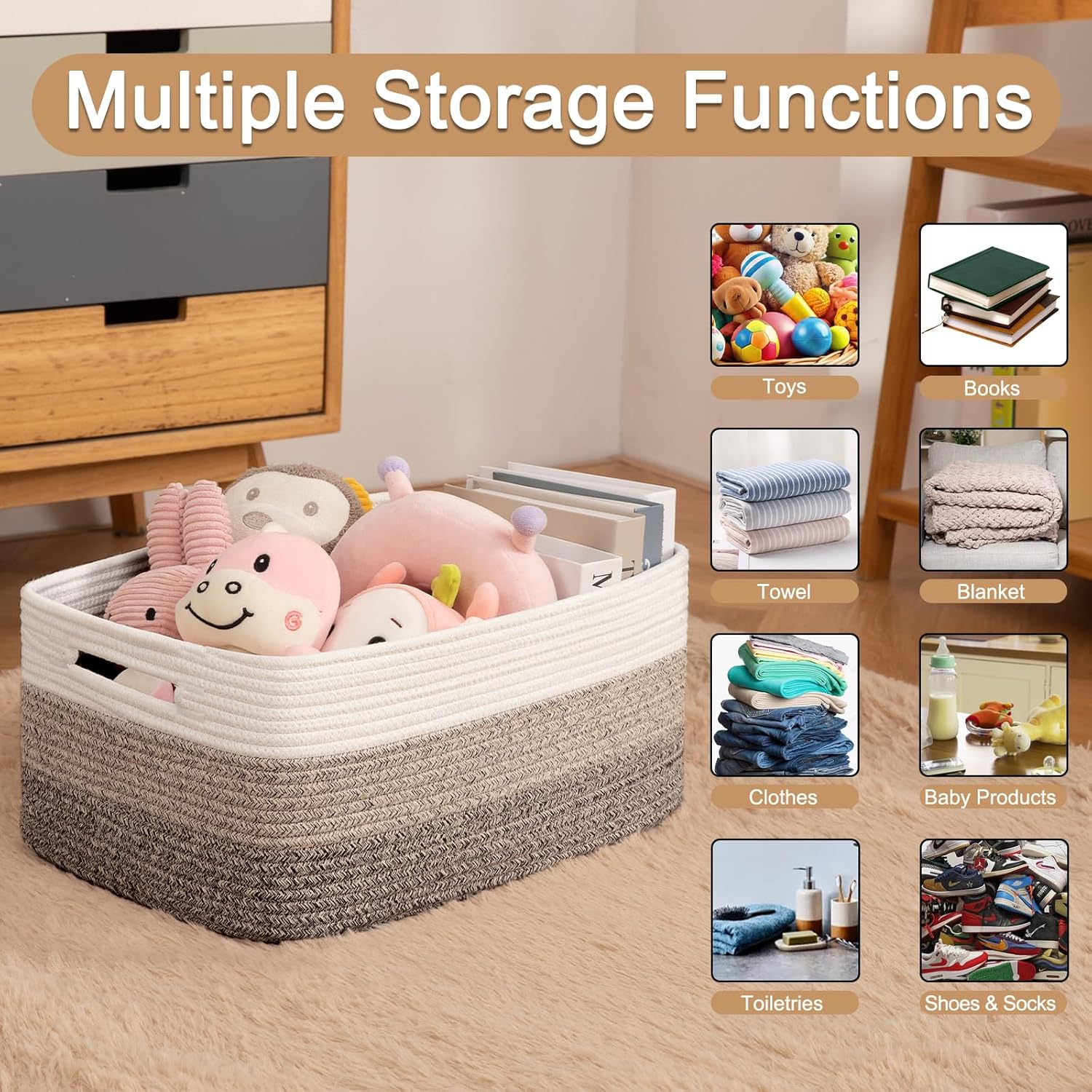 Large Storage Basket for Organizing, Woven Rope Basket for Shelves, Closet Organizer Bins for Clothes, Blanket, Toys, Baby Nursery Storage, 17.7" x 13" x 7.87", 2 Packs Yellow