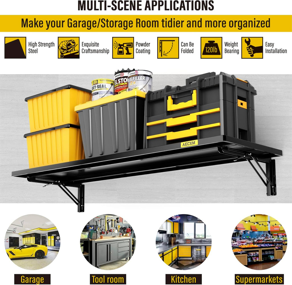 1.2x3ft Adjustable Rail Type Folding Storage Rack Shelf, Suitable for Garage, Storage Room, Kitchens Wall Shelf,Garage Storage Rack Floating Shelves,Folding Panels (1pcs-Black)