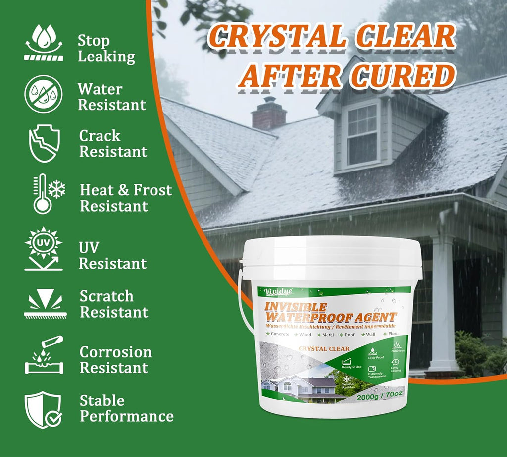 Waterproof Sealant 70oz, Transparent Waterproof Coating for Roof, Floor, Window, Bathroom, Concrete,Wood, Invisible Water Proof Agent＆Foundation Leak Repair Adhesive for Indoor/Outdoor Use Water-Based