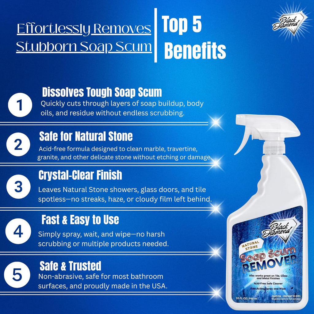 Black Diamond Stoneworks Shower Care Essentials –Natural Stone Shower Sealer, Glass Cleaner Spray & Soap Scum Remover – Professional Protection & Easy Cleaning for Bathrooms (3 Pack)