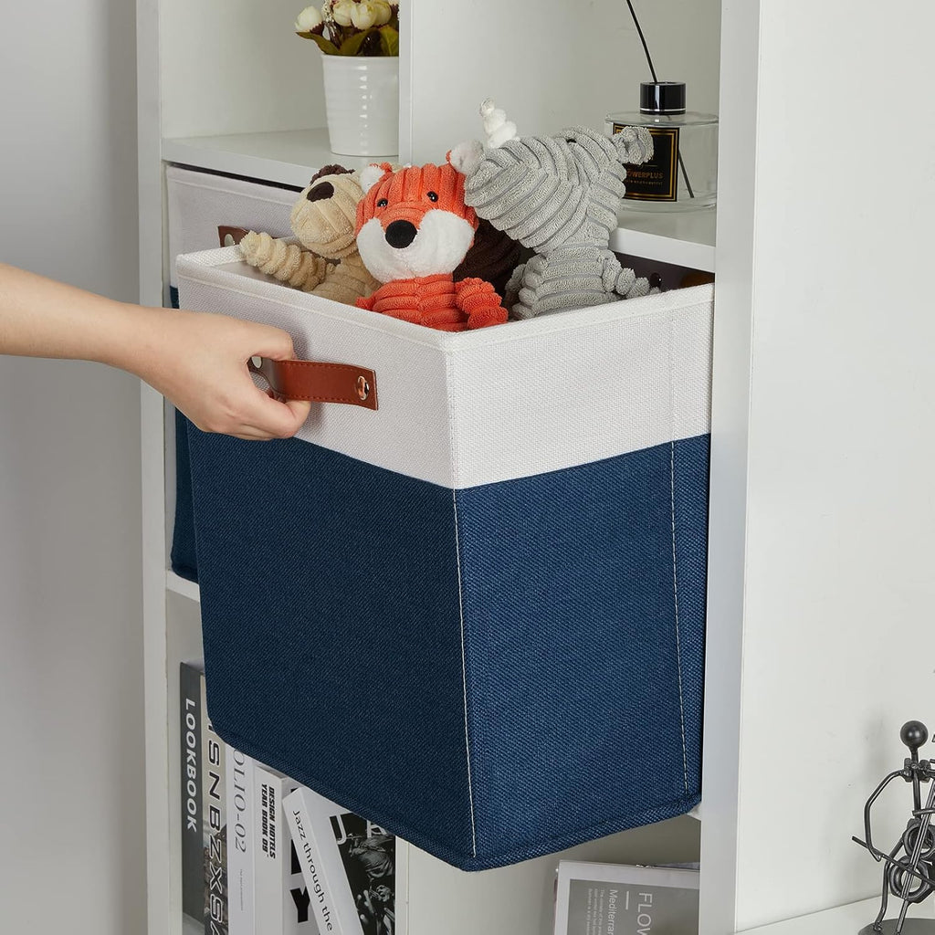 DULLEMELO 13 inch Cube Storage Bins, Gift Baskets Empty for Boy Girl Mother Father Christmas Festival,Fabric Storage Bins Cube Organizer Baskets With Leather Handles(White&Blue-4 Pack)